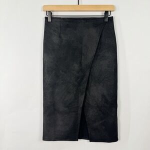 Free People Black‎ Faux Leather Pencil Skirt XS Wrap Slit Knee Length